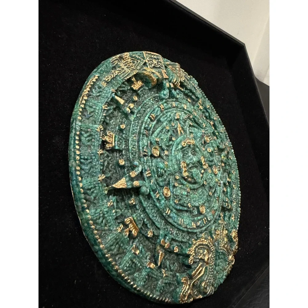 Aztec Sun‎ Stone Wall Plaque Large Green Gold  Calendar Wall